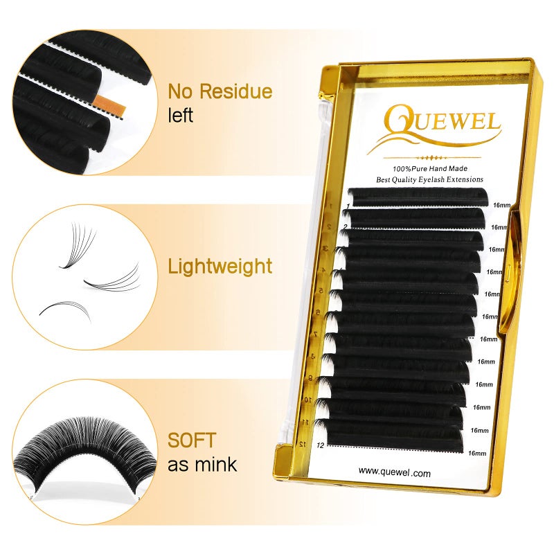 QUEWEL Easy Fan Lash Extensions 0.03mm D Curl Eyelash Extensions 16mm Single Lash Trays Matte Black Ultra Lightweight C CC D DD Curl Volume Lashes Self Fanning Lashes (0.03D 16mm) - Image 3